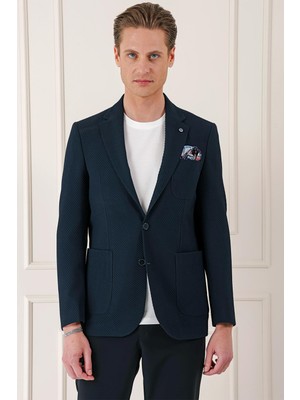 Comfort Fit Torba Cep Şeritli Dokuma Pamuk Casual Lacivert Ceket C 670