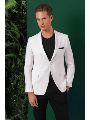 Efor Erkek Comfort Fit Çift Yırtmaç %100 Keten Casual Beyaz Ceket C 668