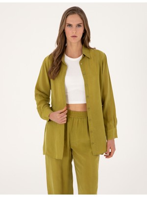 Pierre Cardin Kadın Yeşil Comfort Fit Kupro Uzun Kollu Gömlek 50313652-VR257