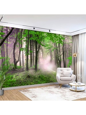 Sisli Orman Manzaralı Poster Duvar Kağıdı – Doğa ve Yeşil Ağaç Deseni