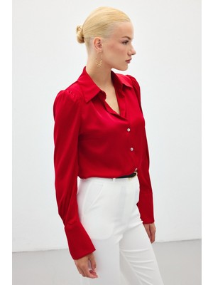 Vatkalı Saten Gömlek - Kırmızı