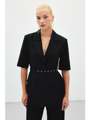 Kısa Kollu Kemerli Ceket - Siyah