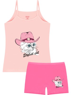 Öts Kız Çocuk Atlet Boxer Likralı Somon Kedi (%96 Pamuk - %4 Elastan)