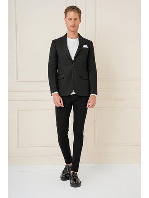 Efor Erkek Slim Fit Yünlü Örgü Dokuma Çift Yırtmaç Siyah Ceket C 685
