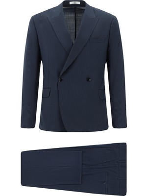 Slim Fit Yünlü Çizgili Kruvaze Kapama Takım Elbise