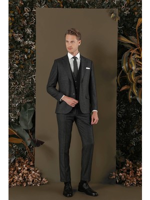 Efor Slim Fit Çift Yırtmaç Esnek Kırçıllı Antrasit Yelekli Takım Elbise TK 876