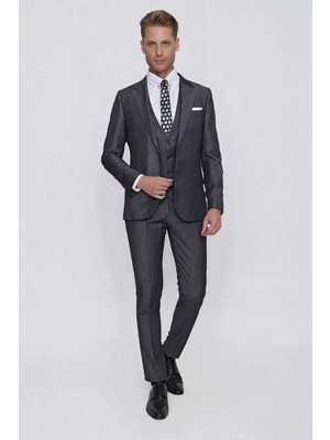 Efor Slim Fit Çift Yırtmaç Doku Desenli Antrasit Yelekli Takım Elbise TK 858