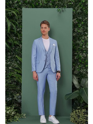 Efor Slim Fit Çift Yırtmaç Düz Mavi Yelekli Takım Elbise TK 872
