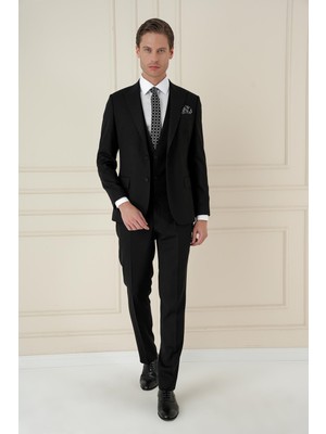 Efor Slim Fit Kırlangıç Yaka Dokulu Siyah Yelekli Takım Elbise TK 907