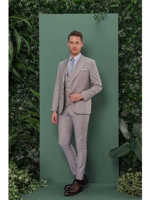 Efor Slim Fit Mono Yaka Düz Gri Yelekli Takım Elbise TK 871