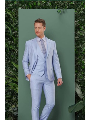 Efor Slim Fit Mono Yaka Düz Mavi Yelekli Takım Elbise TK 871