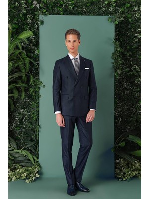 Slim Fit Yağmur Deseni Çizgili Kruvaze Klasik Lacivert Takım Elbise  Tk 888