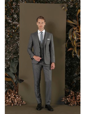 Efor Slim Fit Mono Yaka Doku Desenli Koyu Gri Yelekli Takım Elbise TK 873