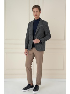 Efor Erkek Slim Fit Mono Yaka Kırçıllı Dokuma %100 Yün Siyah Ceket C 692