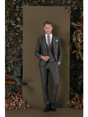 Efor Erkek Slim Fit Çift Yırtmaç Esnek Kırçıllı Füme Yelekli Takım Elbise TK 876
