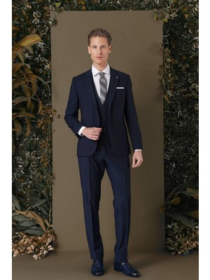 Efor Slim Fit %94 Yün Esnek Pötikare Desenli Lacivert Yelekli Takım Elbise TK 887