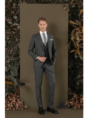 Efor Slim Fit Mono Yaka Yünlü Antrasit Yelekli Takım Elbise TK 880