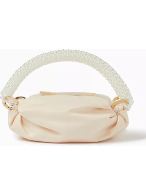 Krem Ipek Saten Tiny Nino Tote Boncuk Detaylı, El Yapımı Mini Çanta