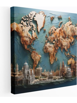 Popcas Gerçekçi Dünya Haritası Kanvas Tablo - Ev Dekorasyonu Göz Alıcı Detaylar