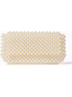Inci Boncuk Işlemeli Clover Clutch Krem Renkli El Yapımı Zarif Gece Çantası