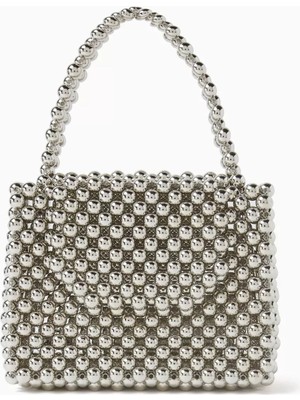 Gümüş Renk Akrilik Boncuklu Ani Mini Tote El Yapımı Zarif ve Işıltılı Çanta