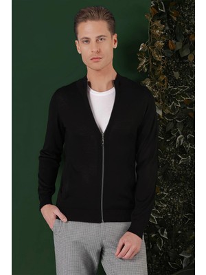 Efor Erkek Slim Fit Ribanalı Yünlü Fermuarlı Hırka Siyah Triko Kazak TR 860