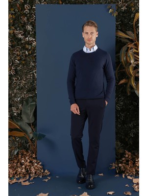 Efor Erkek Slim Fit Ribanalı Yünlü Bisiklet Lacivert Triko Kazak TR 858