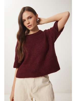 Kısa Kollu Yumuşak Dokulu Triko Kazak LNS0013 Bordo