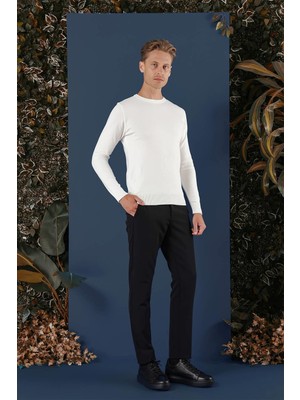 Efor Slim Fit Ribanalı Düz Ekru Yünlü Bisiklet Yaka Triko Kazak TR 858