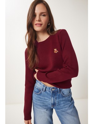 Ayıcık Işlemeli Triko Kazak LDP0028 Bordo
