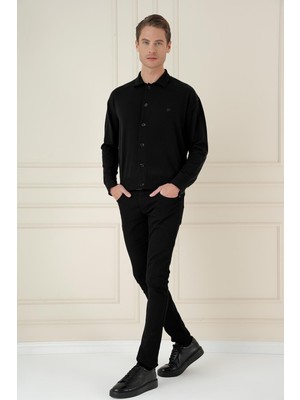 Efor Erkek Slim Fit Pamuklu Düğmei Siyah Klasik Triko Kazak TR 879