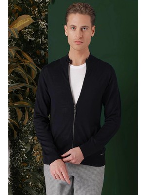 Efor Slim Fit Ribanalı Lacivert Yünlü Fermuarlı Hırka Triko Kazak TR 860