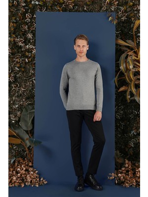 Efor Slim Fit Ribanalı Düz Gri Yünlü Bisiklet Yaka Triko Kazak TR 858