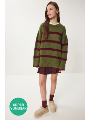 Bisiklet Yaka Çizgili Triko Kazak LPF0095 Yeşil Bordo