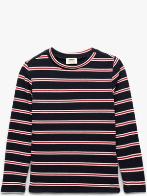 Koton Bisiklet Yaka Çizgili Lacivert Kız Çocuk Uzun Kollu T-Shirt 6WKG10290AK