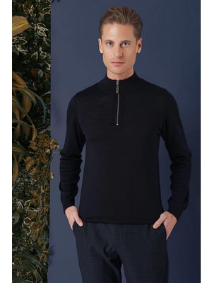 Efor Erkek Slim Fit Ribanalı Fermuarlı Yarım Balıkçı Yünlü Lacivert Triko Kazak Kazak TR 861