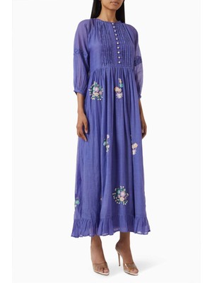 Çiçekli Nakışlı Pamuk-Saten Uzun Elbise | Rahat ve Feminen Tarz Için Ideal Seçim