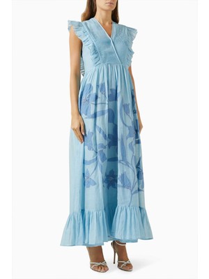 Çiçek Işlemeli Pamuk-Satin Midi Elbise - Mavi Renk, Şık ve Bohem Tarzı ile Rahat Günlük Kullanım