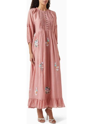 Çiçekli Nakışlı Pamuk-Saten Uzun Elbise | Rahat ve Feminen Tarz Için Ideal Seçim