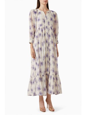 Bahçe Partileri Için Hafif Pamuk-Saten Midi Elbise - Çiçek Desenli, Lila Renk, Üçte Iki Kol