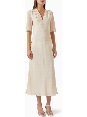 Off White Silk Chiffon Maxi Dress, Zarif ve Hafif Astarlı Ipek Elbise Krem