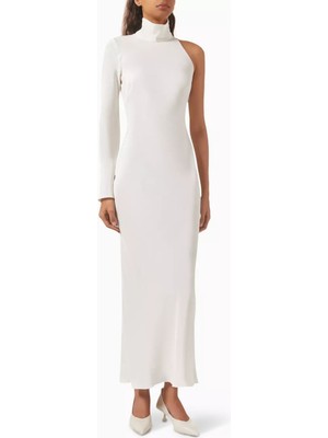 Tek Omuzlu Mulberry Ipek Elbise, Asimetrik Kesim, Uzun Kollu ve Şifon Astarlı