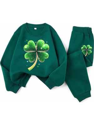 Kıds Face Özel Tasarım Yeşil Dört Yapraklı Şans Yoncası Baskılı Kışlık Kız Çocuk Eşofman Takımı