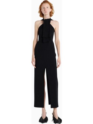 Siyah Maxi Örgü Elbise Yaka Bağlama Detaylı, Truvakar Stil Şık Tasarım