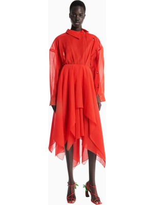 Kırmızı Organze Gömlek Elbise Asimetrik Etek ve Katmanlı Sırt Detaylı