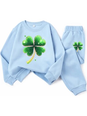 Kıds Face  Özel Tasarım Yeşil Dört Yapraklı Şans Yoncası Baskılı Kışlık Kız Çocuk Eşofman Takımı