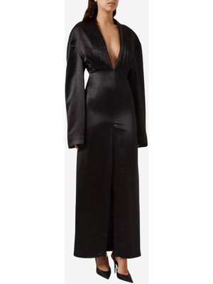 Plunge Yaka Tuxedo Elbise, Siyah