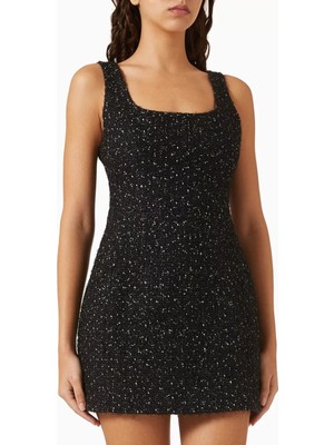 Lurex Mini Elbise, Tweed Kadın Gece Elbisesi, Siyah