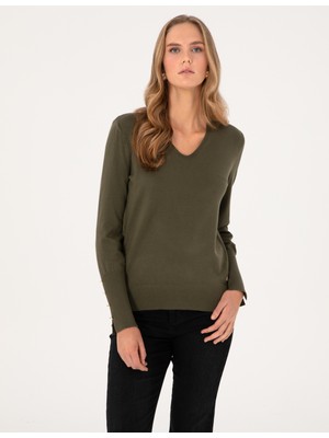 Pierre Cardin Kadın Haki Slim Fit V Yaka Basic Kazak 50310915-VR027