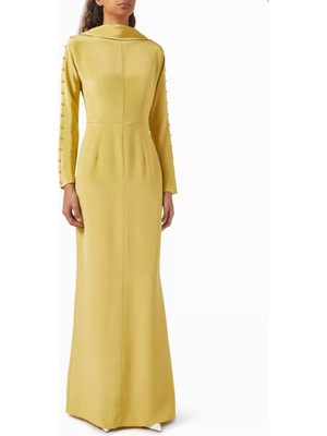 Düğmeli Drapeli Maxi Elbise, %100 Mulberry Ipek, Altın Rengi ve Zarif Siluet